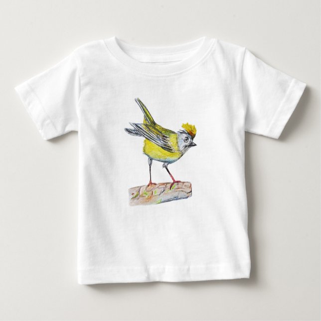 Yellow Bird Drawing Toddler Ruffle Tee, White Baby T-Shirt (Front)