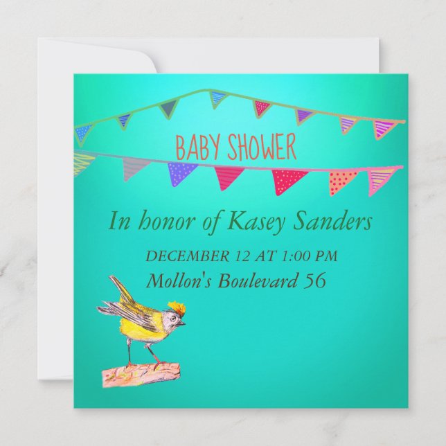 Yellow Bird Flags Blue Baby Shower Invitation (Front)