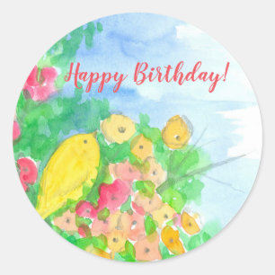 Yellow Bird Flowers Happy Birthday Custom Classic Round Sticker