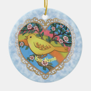 Yellow Bird Heart  custom name Ceramic Ornament