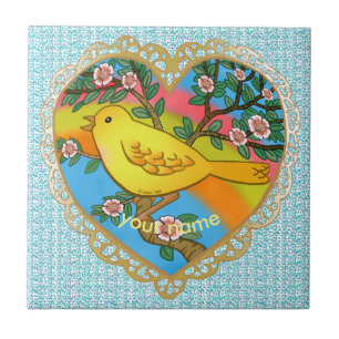 Yellow Bird Heart Grandma custom name Ceramic Tile