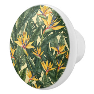 Yellow Bird of Paradise flower pattern Ceramic Knob