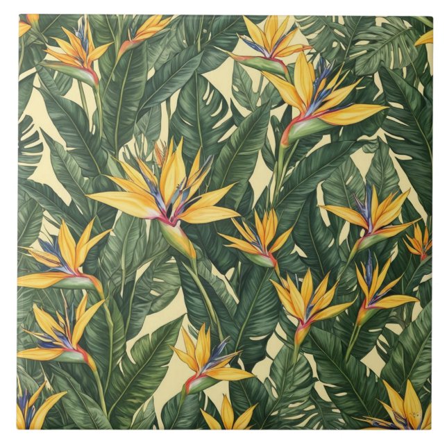 Yellow Bird of Paradise flower pattern Ceramic Tile (Front)