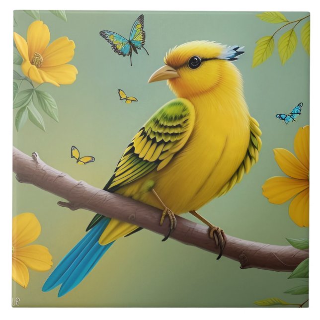 Yellow Bird on Branch Ceramic Tile (Front)