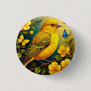 Yellow Bird Perched Among Bright Blossoms 3 Cm Round Badge
