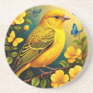 Yellow Bird Perched Among Bright Blossoms Coaster