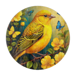 Yellow Bird Perched Among Bright Blossoms Cutting Board