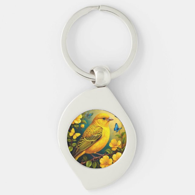 Yellow Bird Perched Among Bright Blossoms Key Ring (Front)