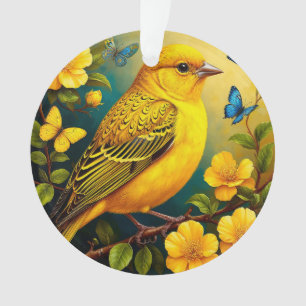 Yellow Bird Perched Among Bright Blossoms Ornament