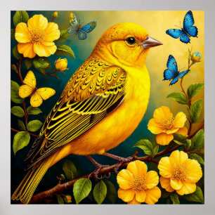 Yellow Bird Perched Among Bright Blossoms Poster