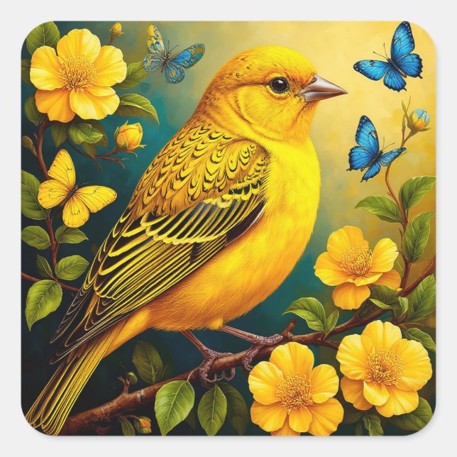 Yellow Bird Perched Among Bright Blossoms Square Sticker (Front)