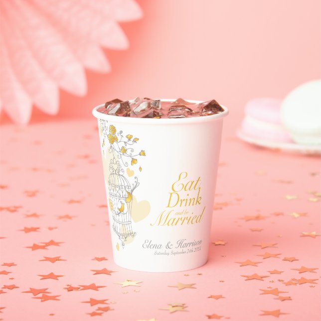 Yellow birdcage wedding custom name grey white paper cups (Insitu)