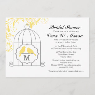 Yellow Birdcage With Love Birds Bridal Shower Invitation