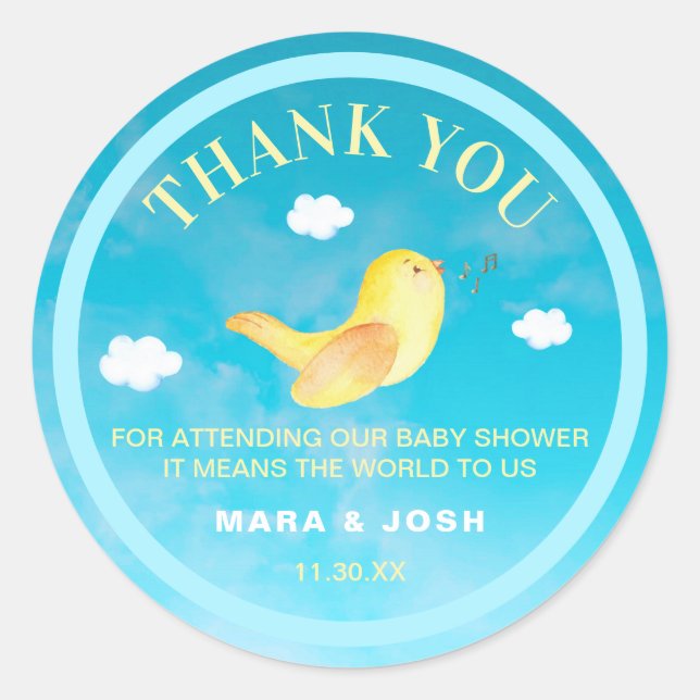 ** Yellow Birdie Blue Sky Baby Shower Thank You Classic Round Sticker (Front)