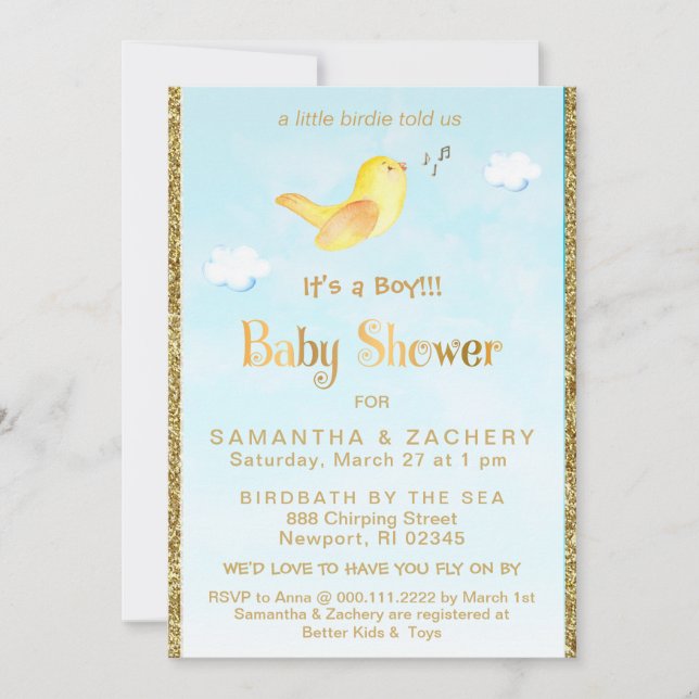 *~* Yellow Birdie  Glitter Baby Shower Invitation (Front)
