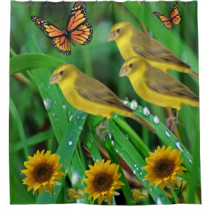 yellow birds green butterflies shower curtain