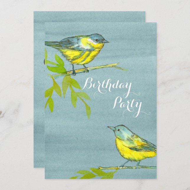 Yellow Birds Grey Birthday Party Invitation (Front/Back)