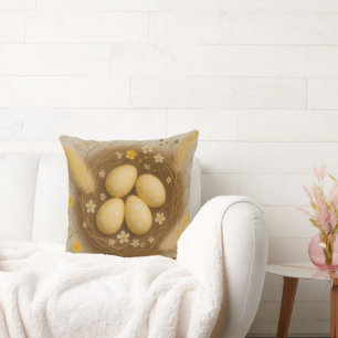Yellow Birds Nest with Baby Eggs Flowers Feathers Cushion