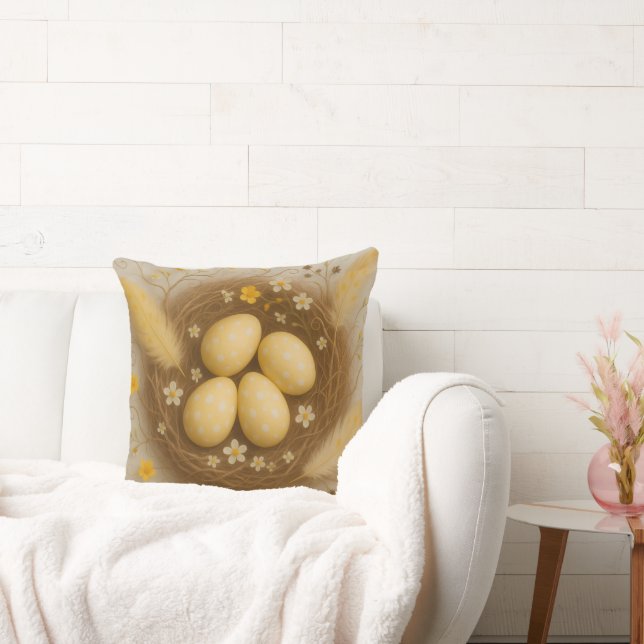 Yellow Birds Nest with Baby Eggs Flowers Feathers Cushion (Couch)
