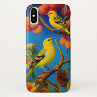 Yellow birds on a tree branch