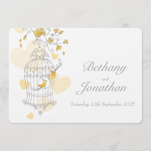 Yellow birds open cage custom wedding invitation