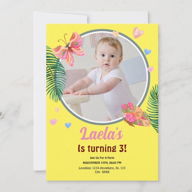 Yellow Birthday Butterfly Invitation with Photo (Front)
