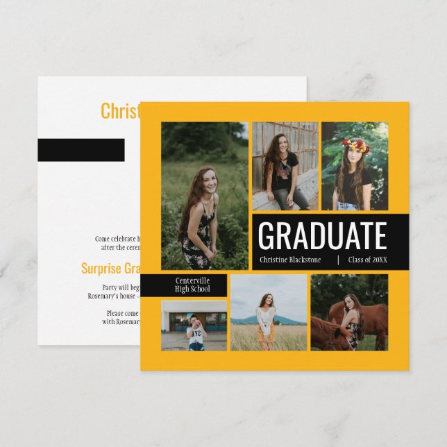 Yellow & Black 6 Photo Graduation Invitation (Front/Back)