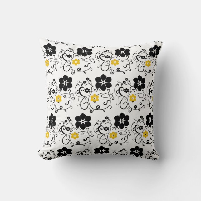 Yellow & Black Abstract Floral Pattern  Cushion (Front)