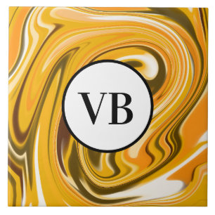Yellow Black acrylic pour marble add name monogram Ceramic Tile