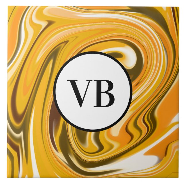 Yellow Black acrylic pour marble add name monogram Ceramic Tile (Front)