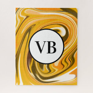 Yellow Black acrylic pour marble add name monogram Jigsaw Puzzle