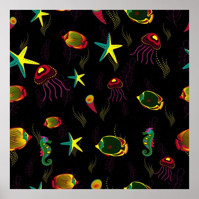 Yellow, black and brown fish seamless pattern. abs poster (Front)