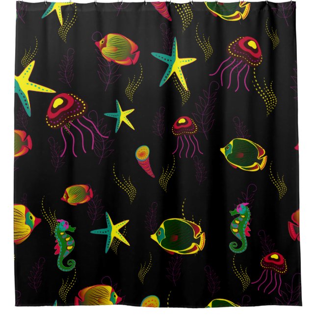 Yellow, black and brown fish seamless pattern. abs shower curtain (Front)