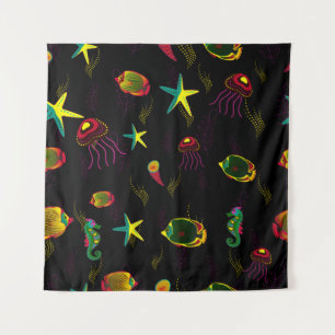 Yellow, black and brown fish seamless pattern. abs tapestry