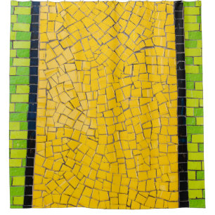 Yellow, black, and green brick wall planning shower curtain