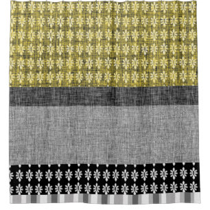 Yellow Black and Grey Digital Burlap Stripe Tile Shower Curtain