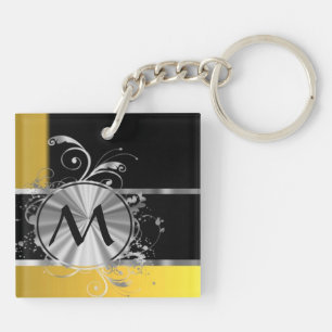 Yellow black and silver monogram key ring