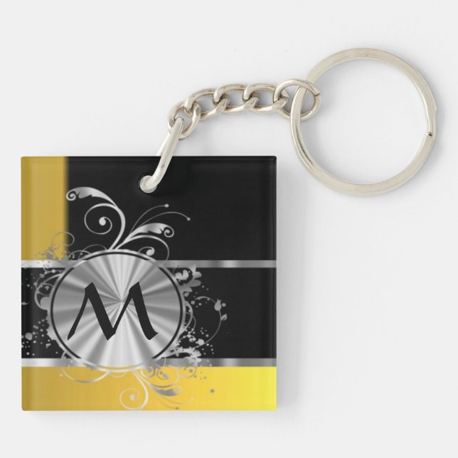 Yellow black and silver monogram key ring (Back)