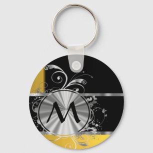 Yellow black and silver monogram key ring