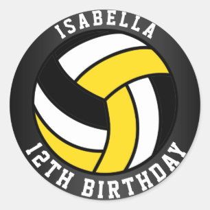 Yellow, Black and White Volleyball Birthday Classic Round Sticker