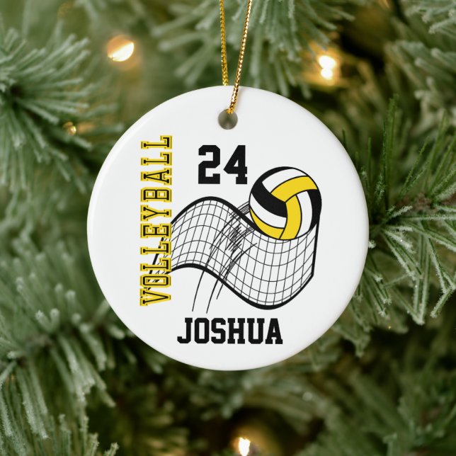 Yellow, Black and White Volleyball Ceramic Ornament (Tree)