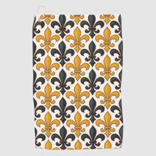 Yellow Black Baroque Fleur-de-lis Pattern Design Golf Towel