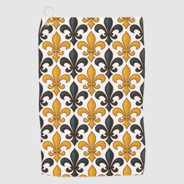 Yellow Black Baroque Fleur-de-lis Pattern Design  Golf Towel (Front)