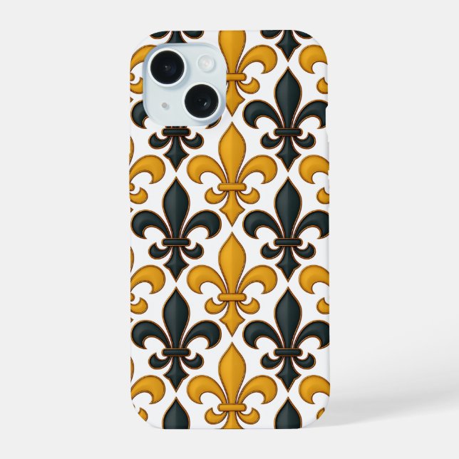 Yellow Black Baroque Fleur-de-lis Pattern Design  iPhone 15 Case (Back)