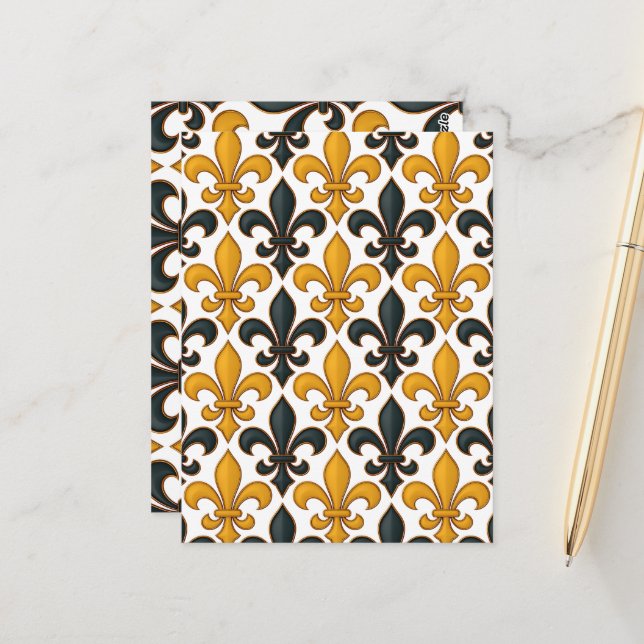 Yellow Black Baroque Fleur-de-lis Pattern Design  Postcard (Front/Back In Situ)