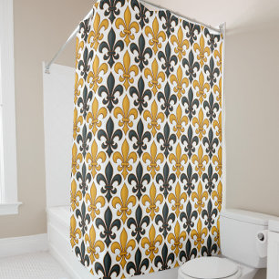 Yellow Black Baroque Fleur-de-lis Pattern Design Shower Curtain