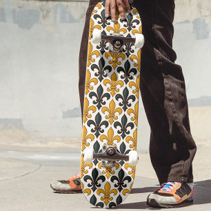 Yellow Black Baroque Fleur-de-lis Pattern Design Skateboard
