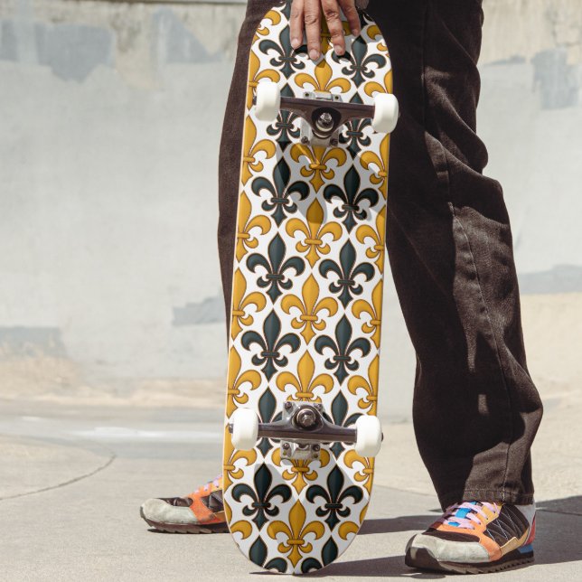 Yellow Black Baroque Fleur-de-lis Pattern Design  Skateboard (Creator Uploaded)