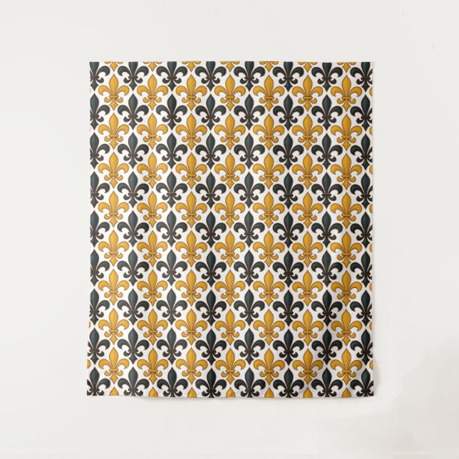Yellow Black Baroque Fleur-de-lis Pattern Design  Tapestry (Front)