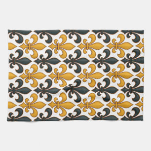 Yellow Black Baroque Fleur-de-lis Pattern Design Tea Towel